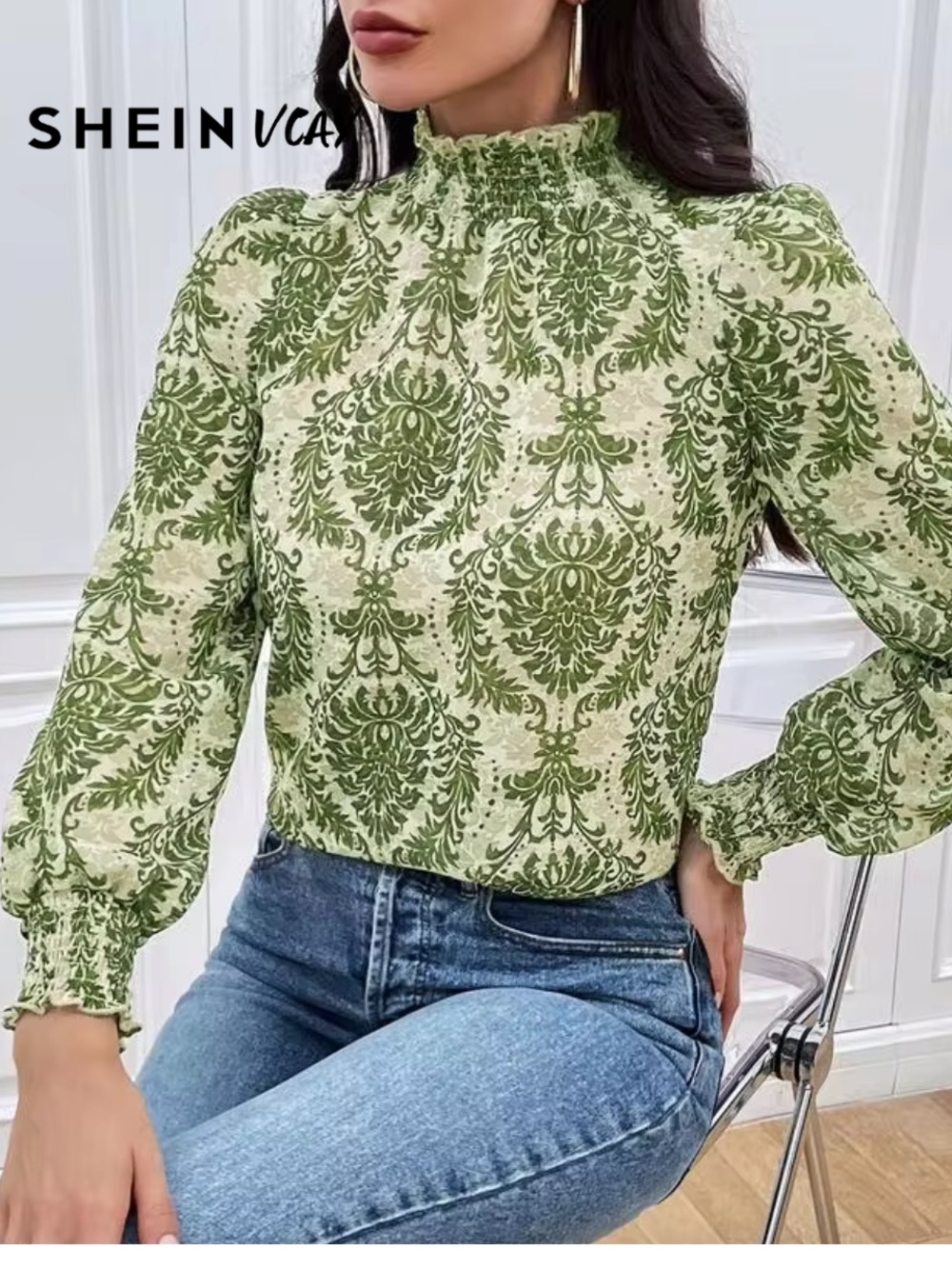 Women’s Green Floral All over Print Boho Mock Neck Long Puff Sleeve Blouse 2XL